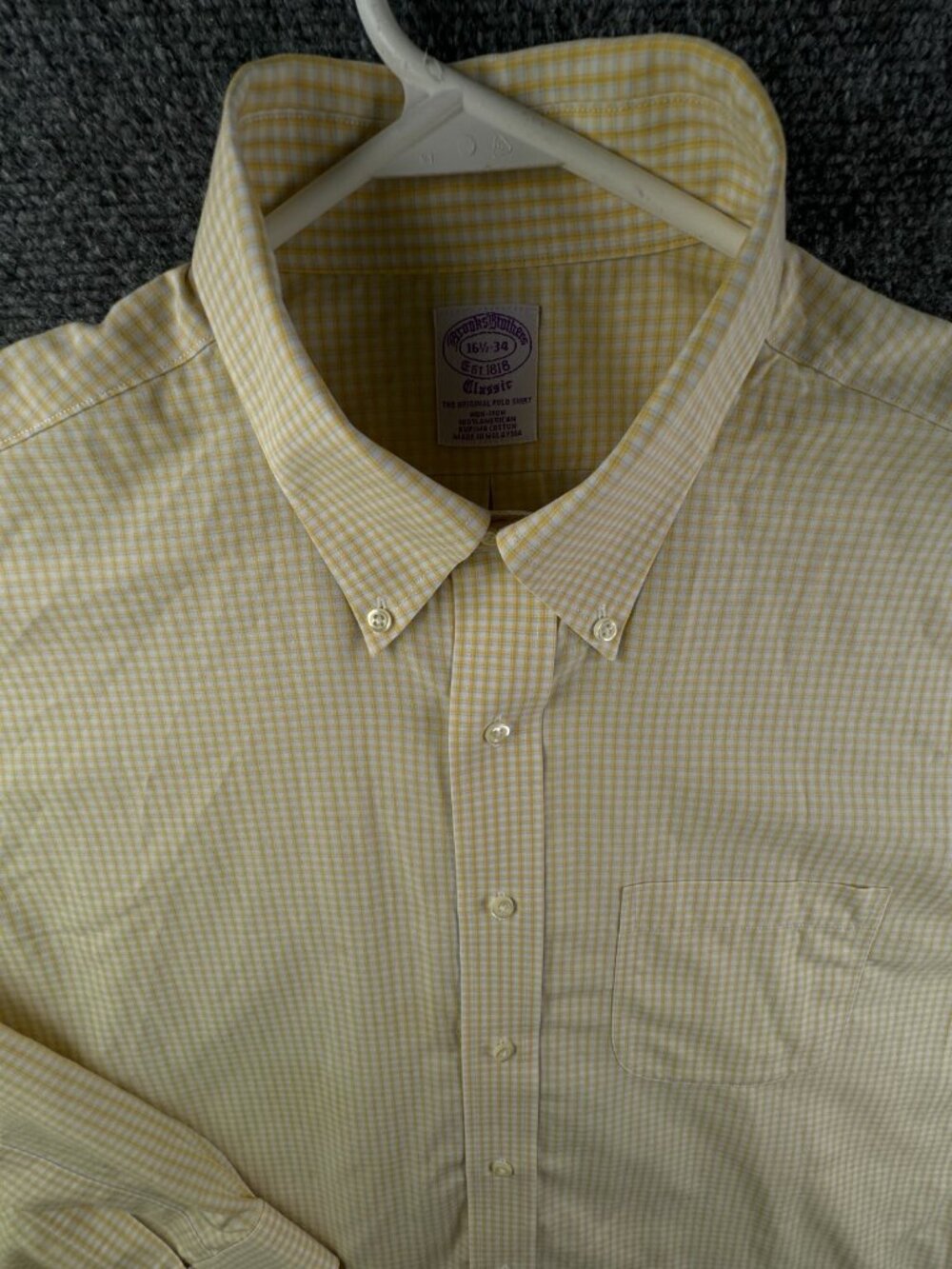 Brooks Brothers Non Iron Button Up Shirt Yellow Check 16.5 34 Classic Fit Adult
